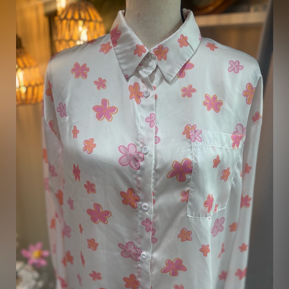 Peppermayo White Button-Down Blouse with Pink & Orange Floral Print - Picture 5 of 11